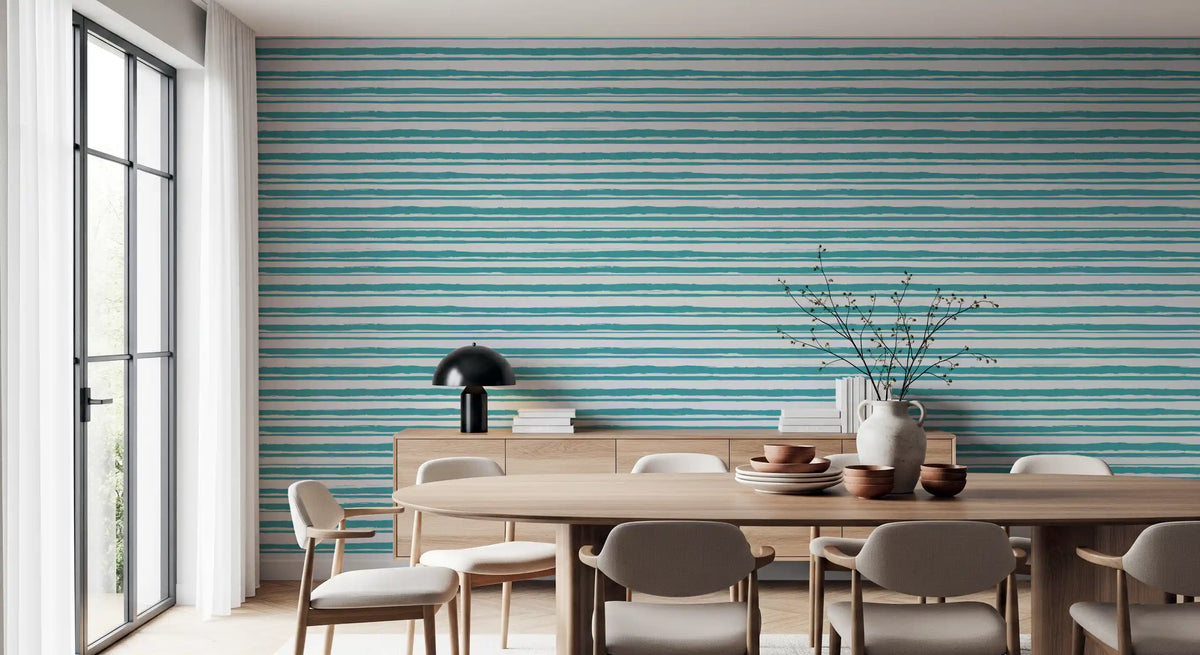 Organic Teal Stroke wallpaper streaks teal bands behind a dining room GD11780
