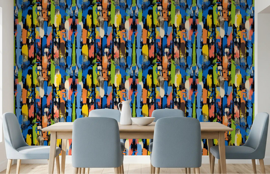 Dining room dressed in Eclectic Multicoloured Brushwork Wallpaper GD11784
