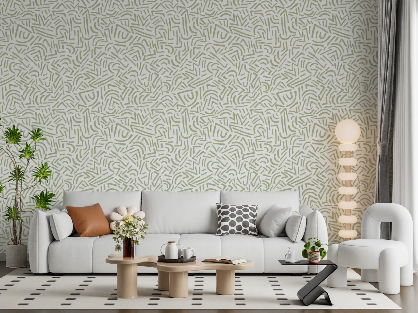 Sage Organic Rhythmic Sketch Wallpaper⁠