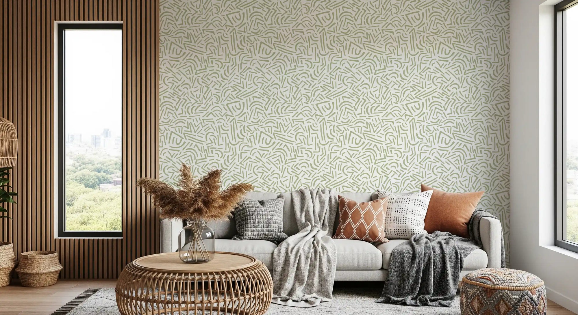 Sage organic sketch wallpaper eases a relaxed living room scheme GD11785
