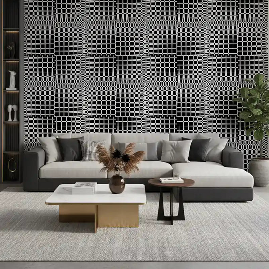 Living room styled with Monochromatic Wavy Grid Wallpaper in black and white GD11794
