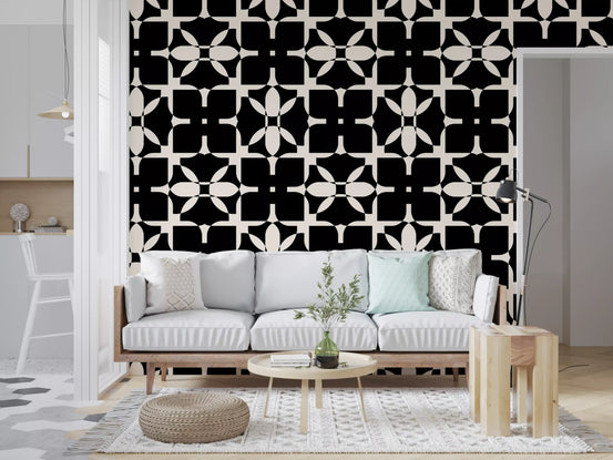 Graphic Monochrome Petal Tile Wallpaper⁠