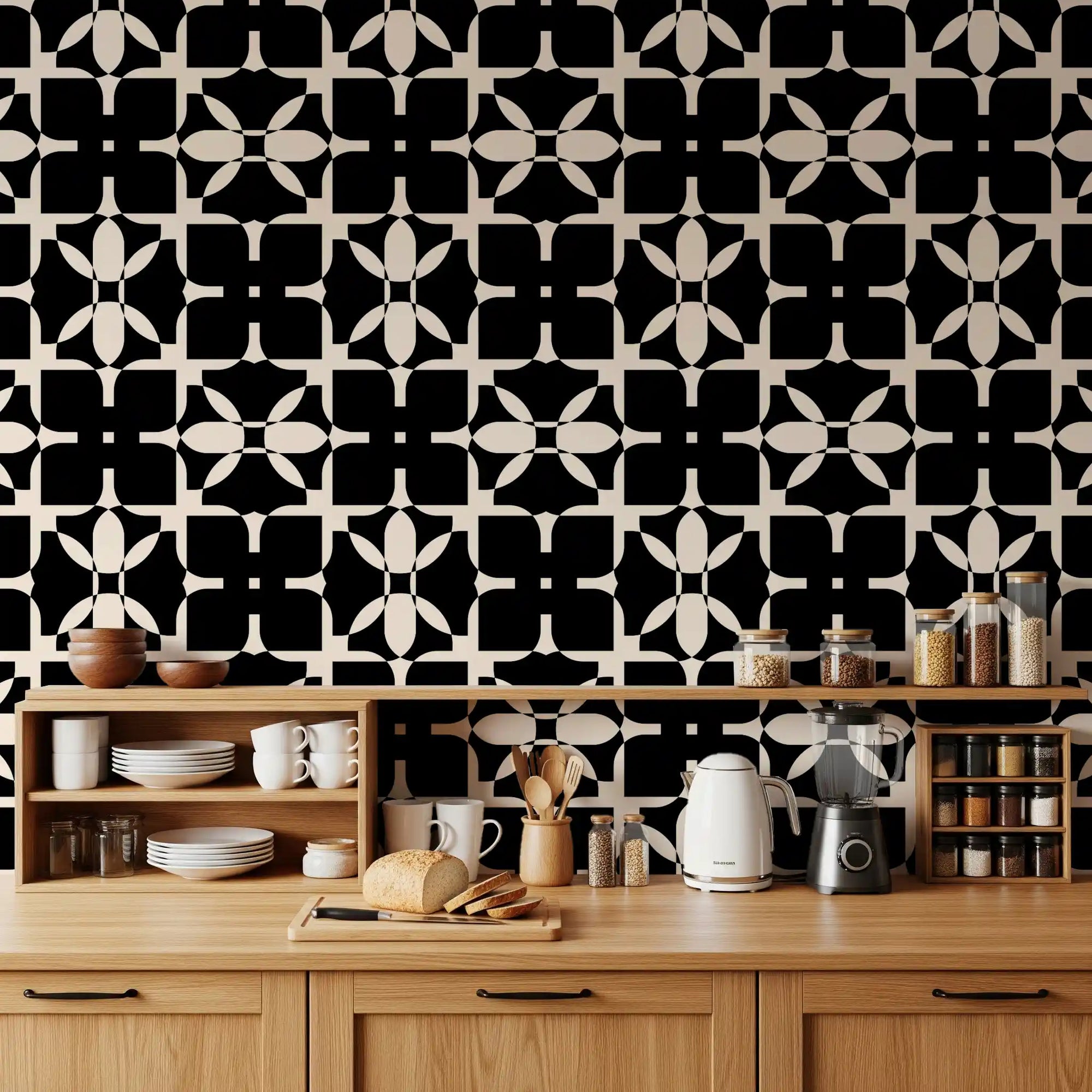Petal tile wallpaper running behind a Kitchen GD11798
