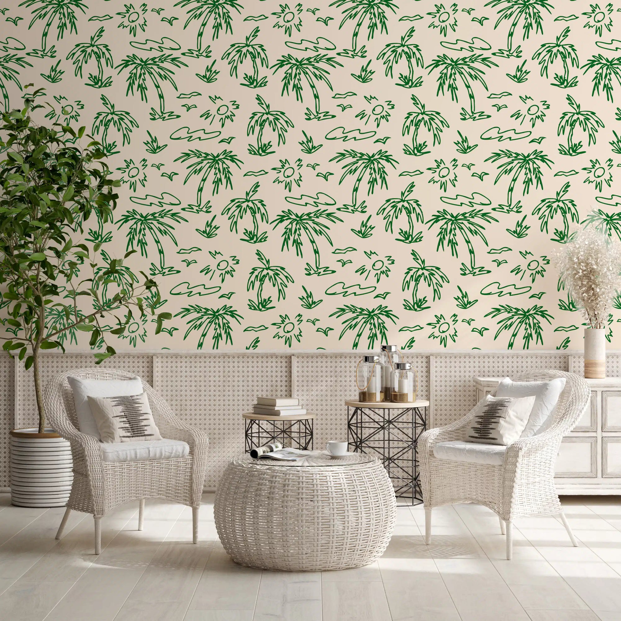 Coastal breeze tropical lineart wallpaper behind a bright living room GD11802
