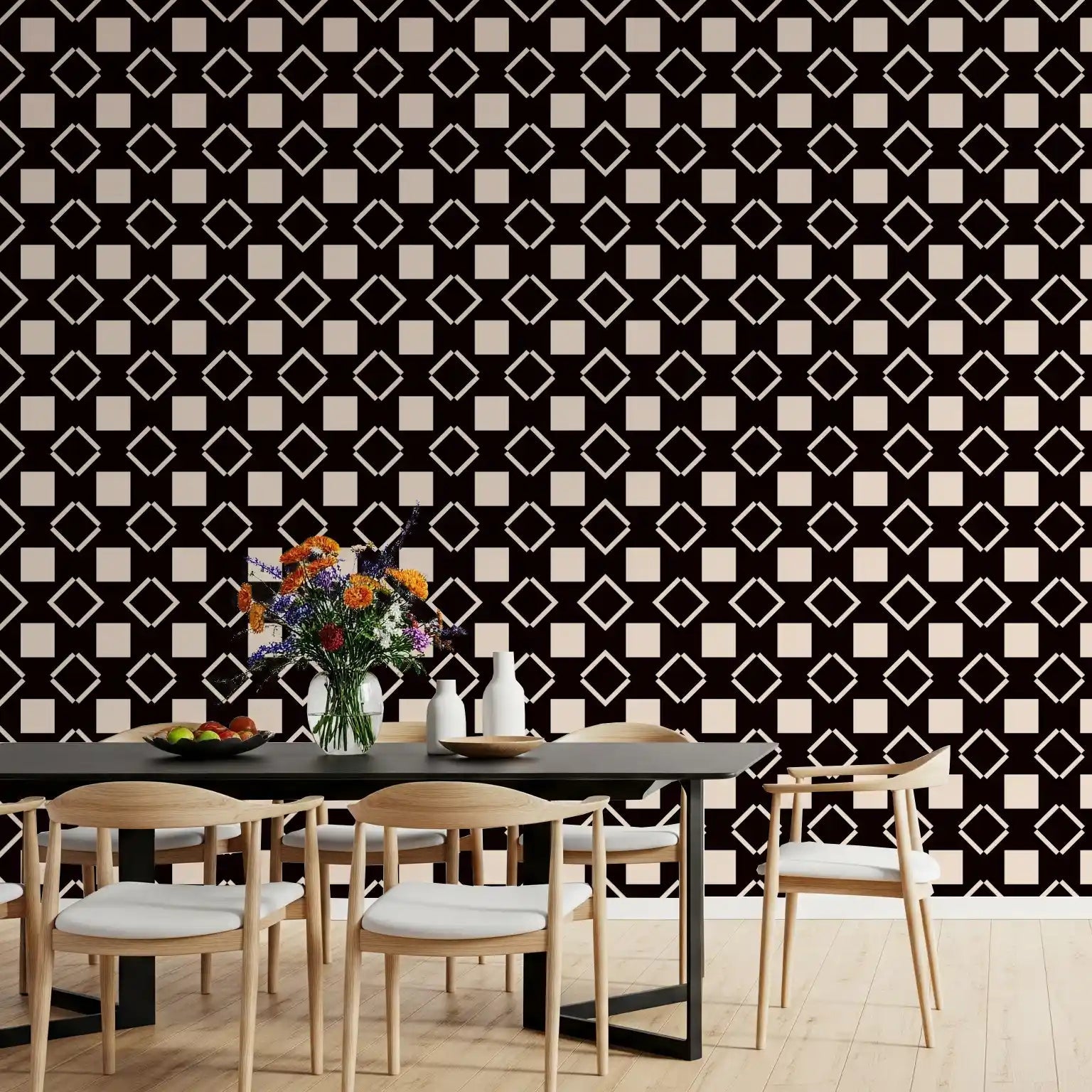 Espresso grid wallpaper frames a modern dining room in cream squares, GD11804
