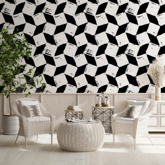 Monochrome grid wallpaper wrapping a modern living room in black and white GD11806
