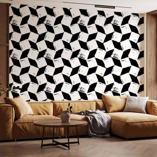 Tilted black squares filling a calm Living room, abstract grid wallpaper GD11806