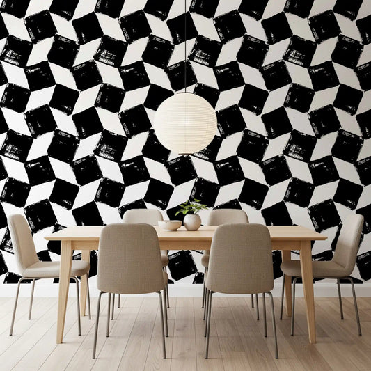 A dining room turns graphic under tumbling checkerboard wallpaper GD11811
