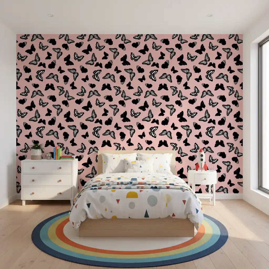 Monochrome butterfly wallpaper wrapping a calm nursery in blush pink GD11816