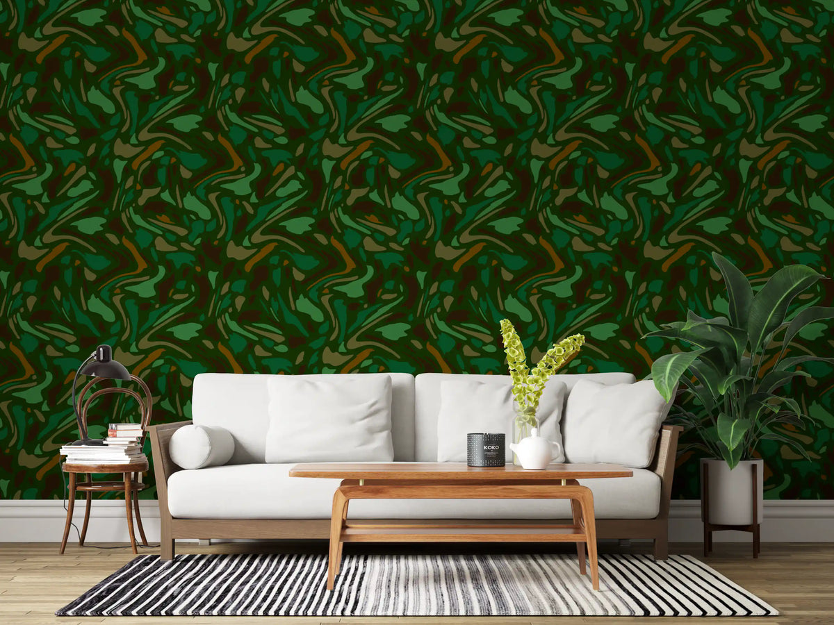 Fluid camo wallpaper in earthy green wraps a calm living room GD11817