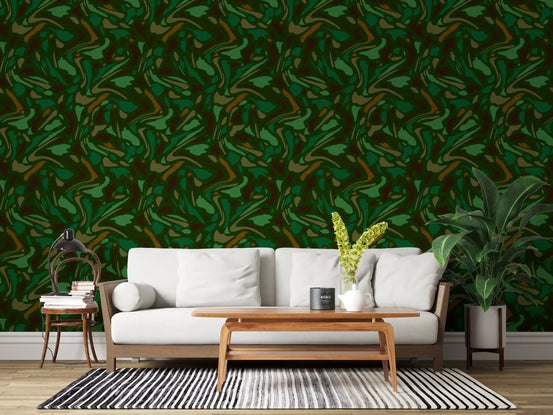 Fluid camo wallpaper in earthy green wraps a calm living room GD11817