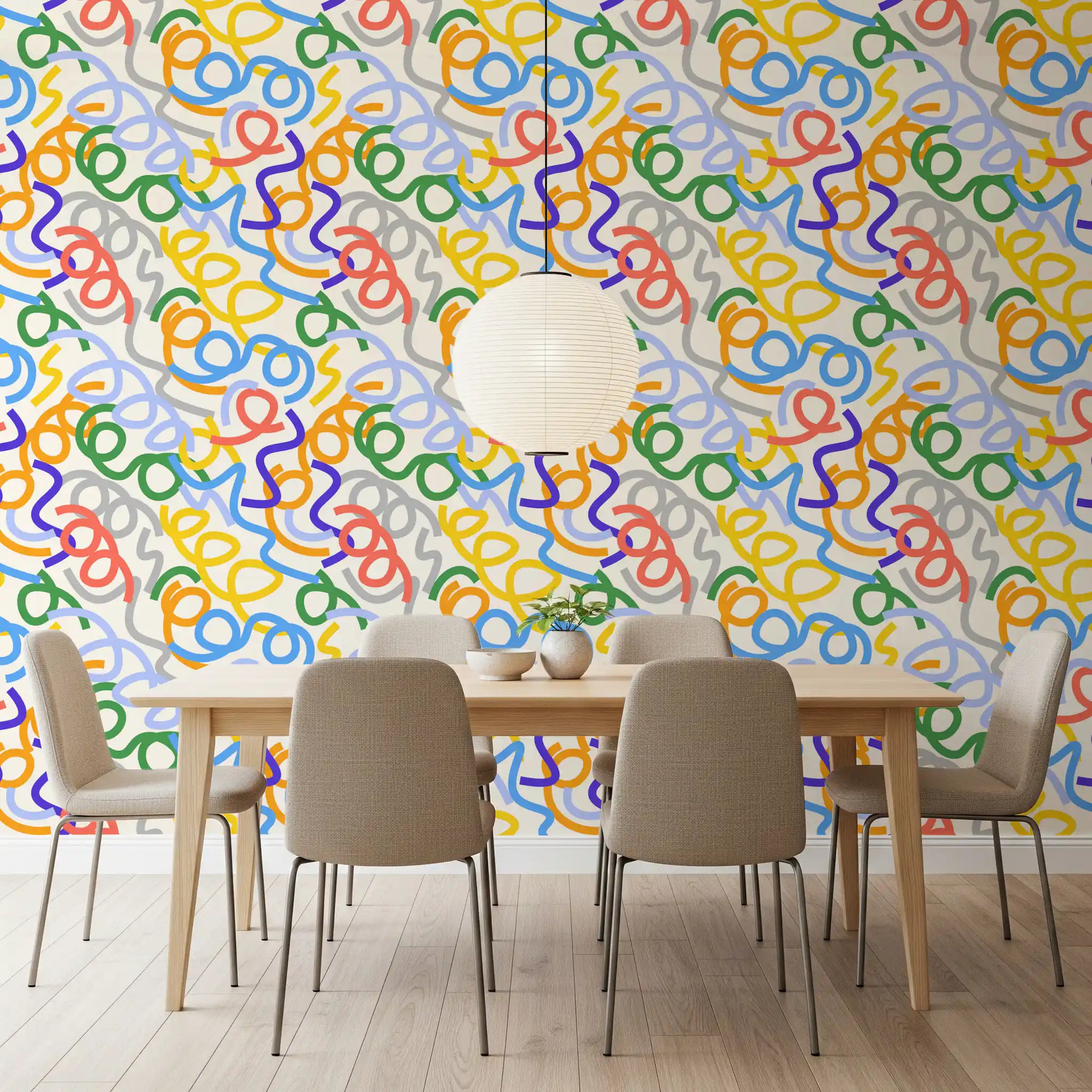 Dining room brightened by the Playful Rainbow Swirls wallpaper GD11818
