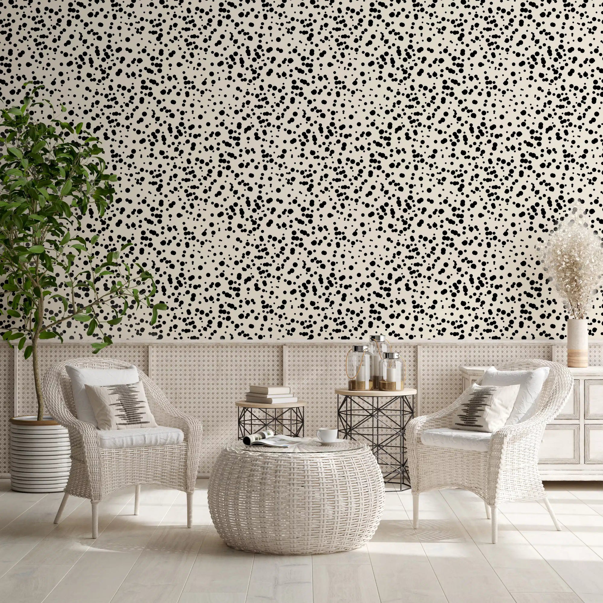 Living room dressed in the Monochrome Spotted Artistry wallpaper, GD11823