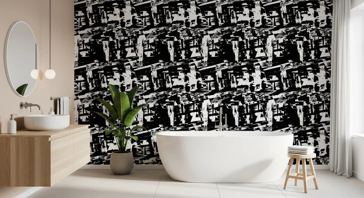 Stark Graphic Ink Strokes wallpaper sharpens a bathroom in black and white GD11825
