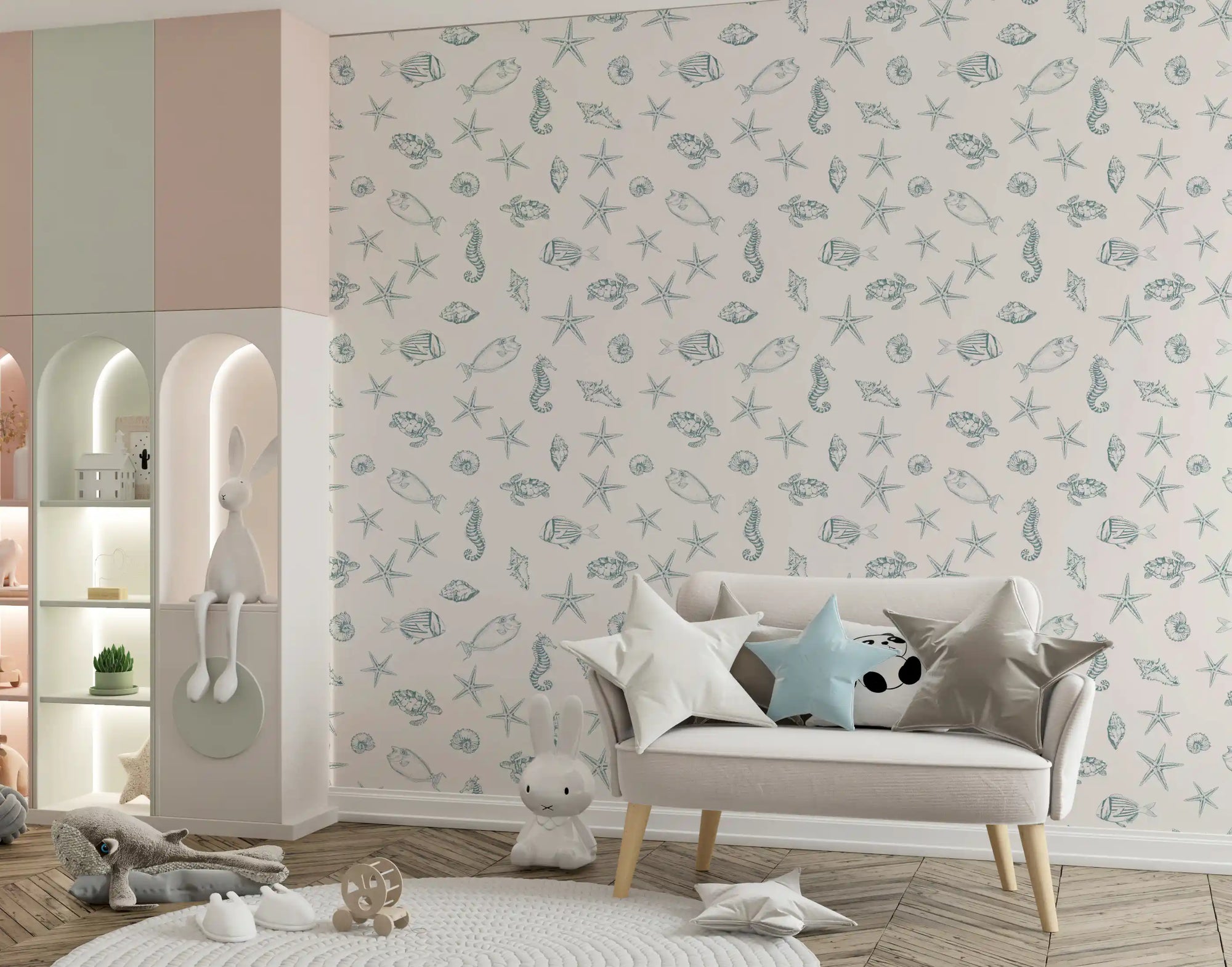 Nursery styled with oceanic marine life sketch wallpaper in teal and cream, GD11830
