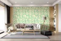 Sage and Cream Hand-Painted Leaf Wallpaper⁠