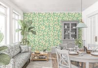 Sage and Cream Hand-Painted Leaf Wallpaper⁠