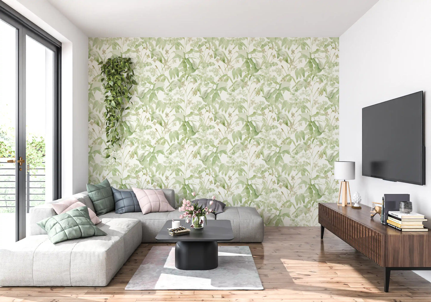 Verdant Meadow Botanical Illustration Wallpaper⁠