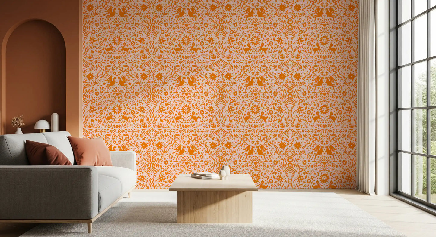 Orange Whimsical Woodland Creature Pattern Wallpaper⁠