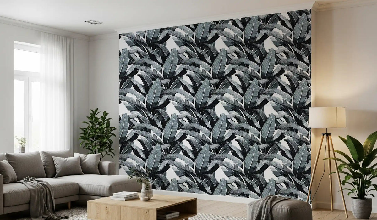 Grey palm fronds across a modern living room, monochrome wallpaper GD11844