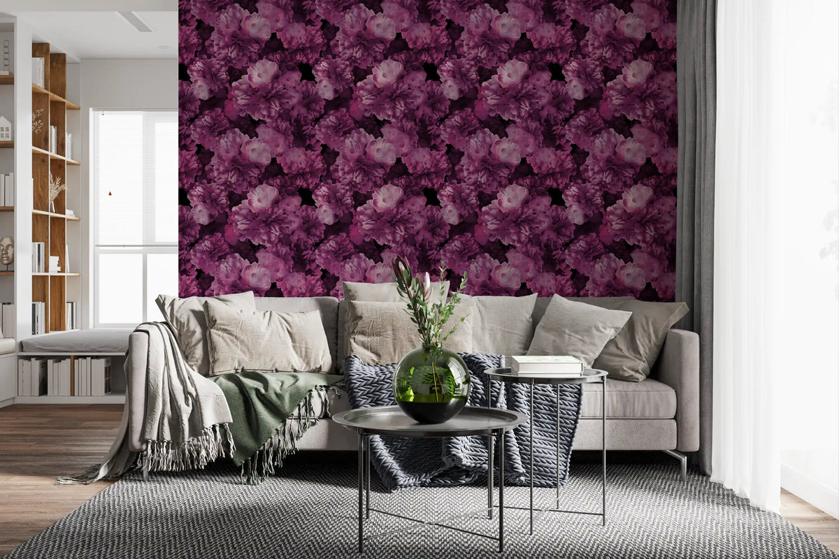 Velvet peonies across a modern living room, dark botanical wallpaper GD11845