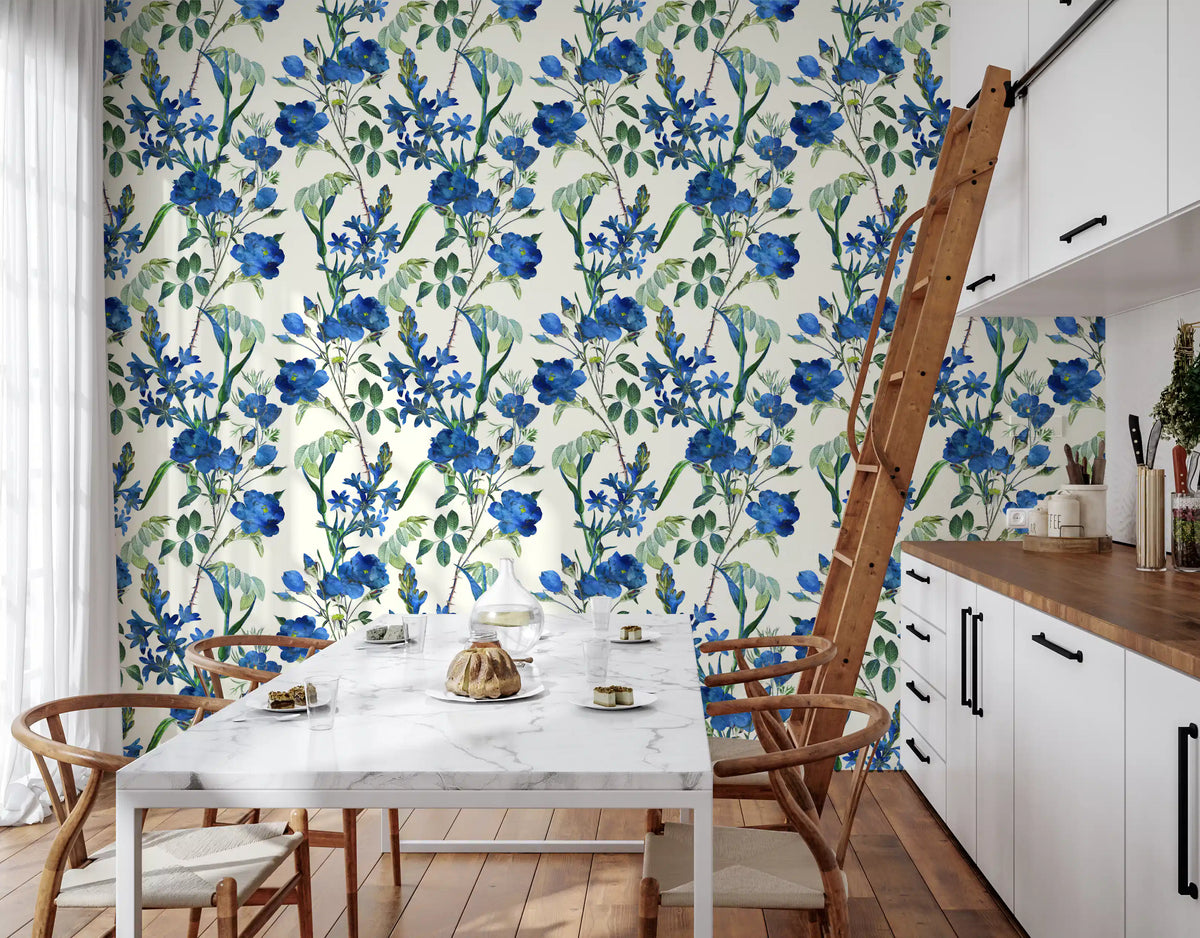 Indigo blooms across a fresh dining room, wildflower garden wallpaper GD11847