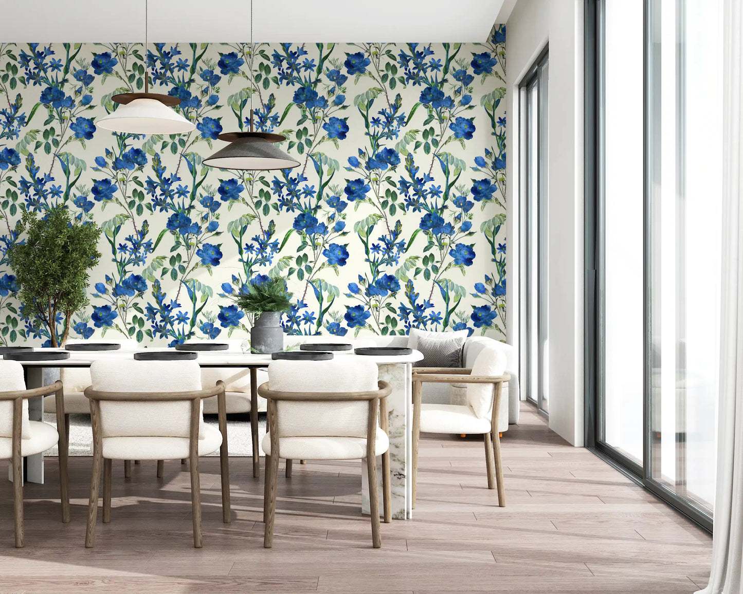 Vintage Indigo Wildflower Garden Pattern Wallpaper⁠