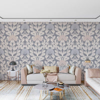 Grey and Cream Damask Floral Wallpaper⁠