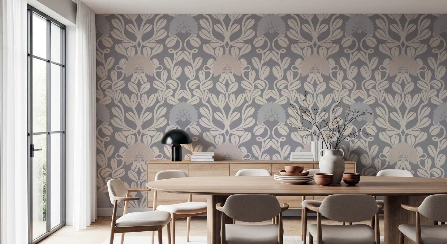 Grey and Cream Damask Floral Wallpaper⁠