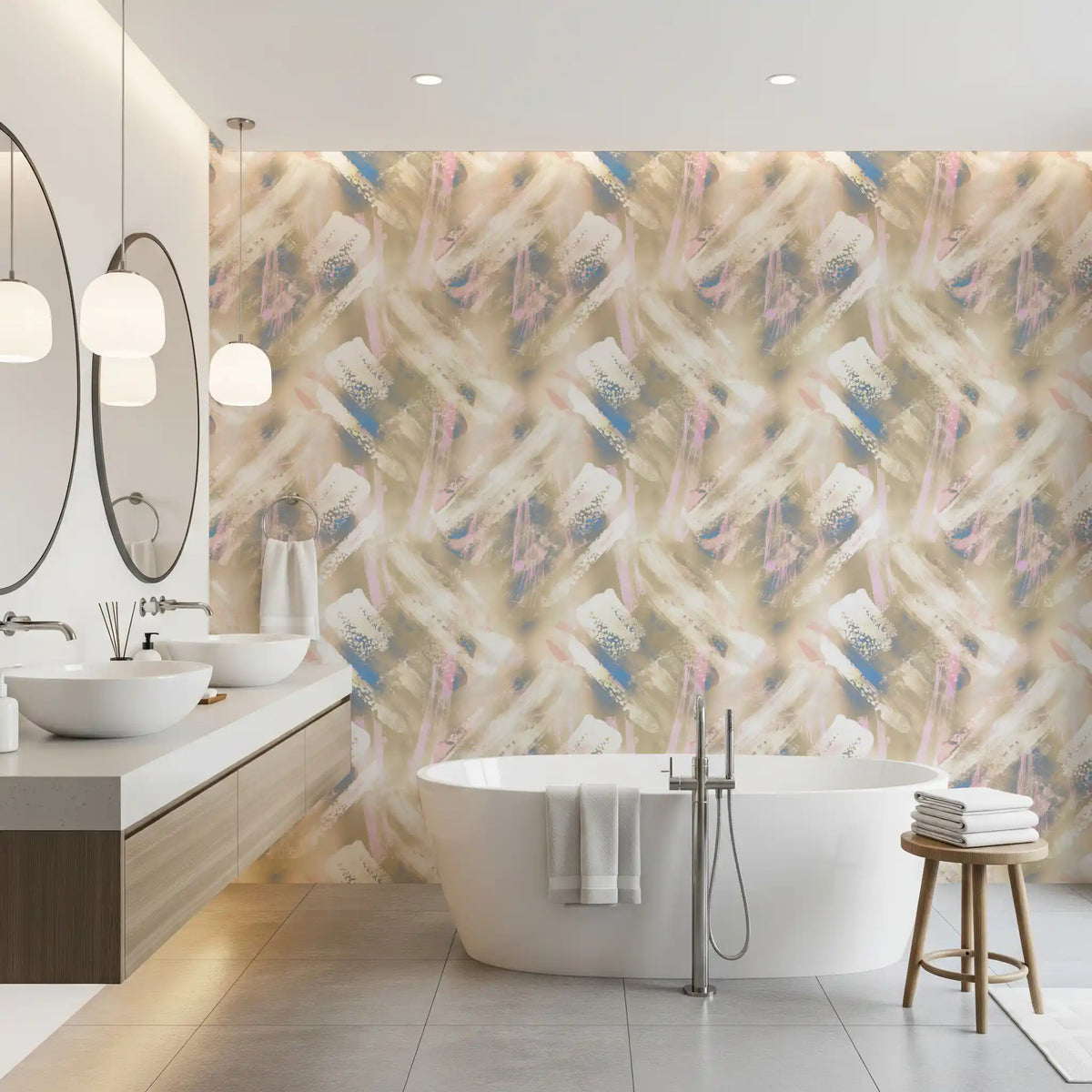 Woven beige strokes across a calm bathroom, brushstroke wallpaper GD11855