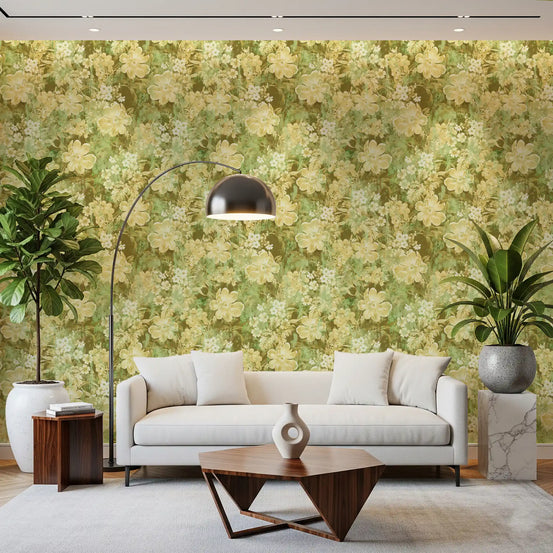 Textured floral wallpaper wrapping a quiet hallway corner GD11858