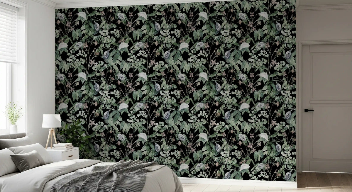 Bedroom feature of the midnight botanical sketch wallpaper in dark green GD11864