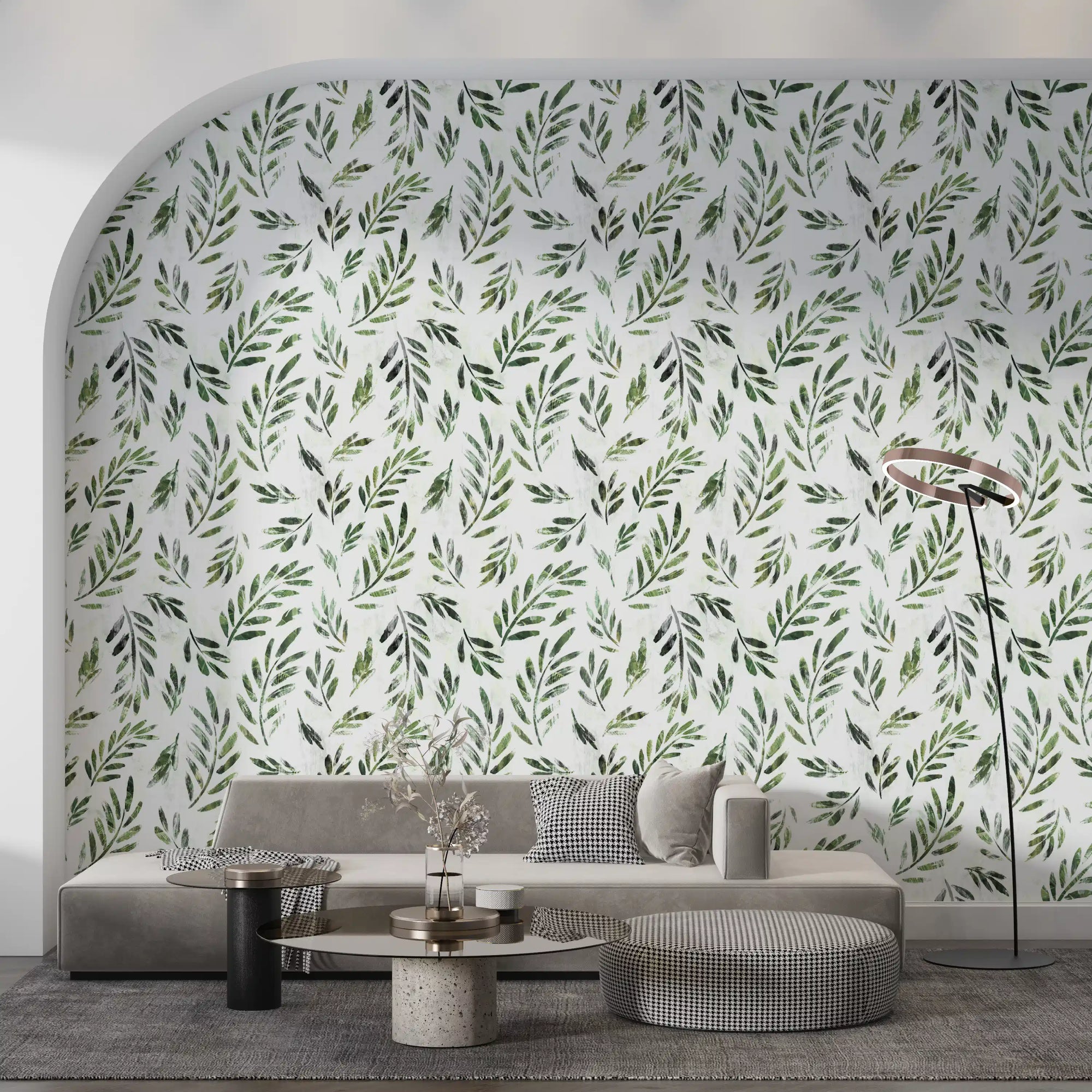 Living room finished in Rustic Botanical Green Leaves wallpaper GD11865