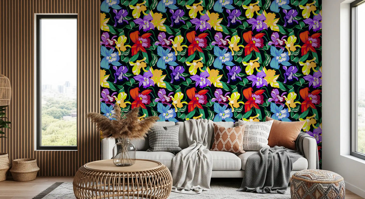 Living room dressed in vibrant tropical orchid wallpaper GD11872
