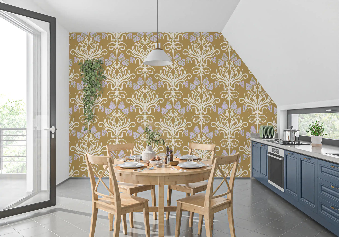 Art Nouveau Botanical Damask Wallpaper⁠