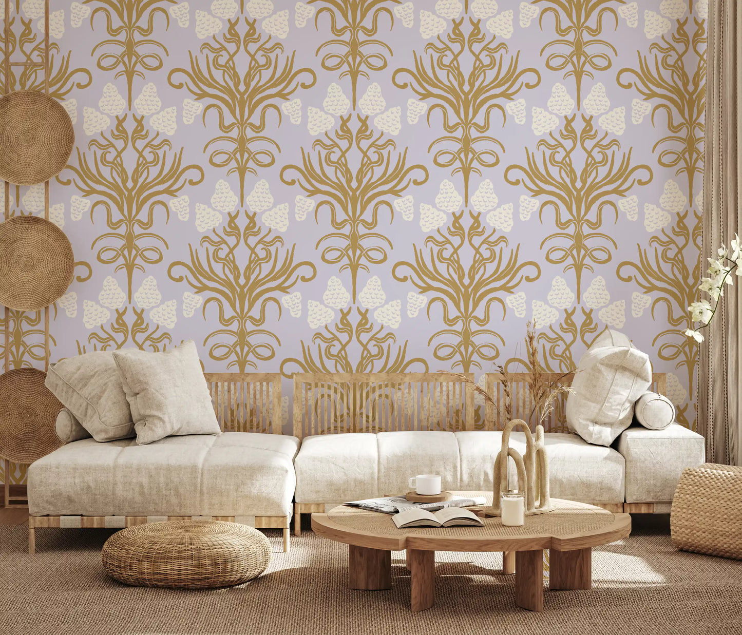 Art Nouveau Gold and Lavender Botanical Wallpaper⁠