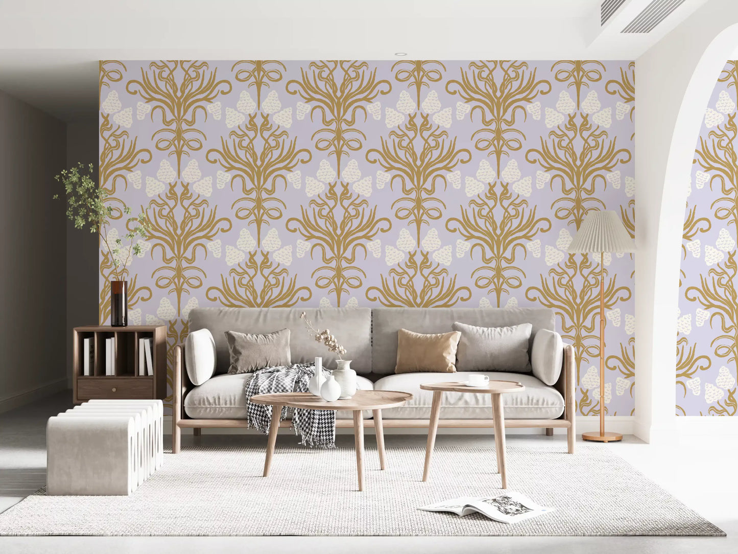 Art Nouveau Gold and Lavender Botanical Wallpaper⁠
