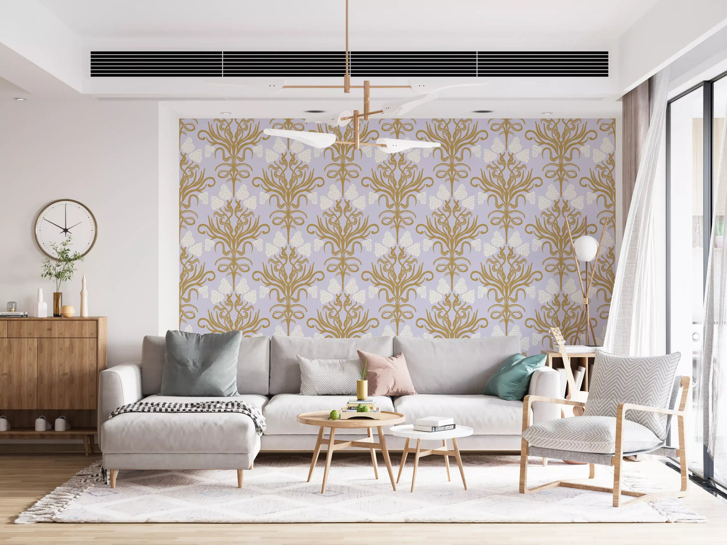 Art Nouveau Gold and Lavender Botanical Wallpaper⁠