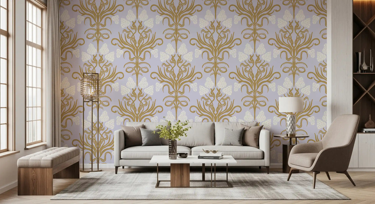 Art Nouveau Gold and Lavender Botanical Wallpaper⁠