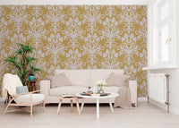 Golden Botanical Damask Motif Wallpaper⁠