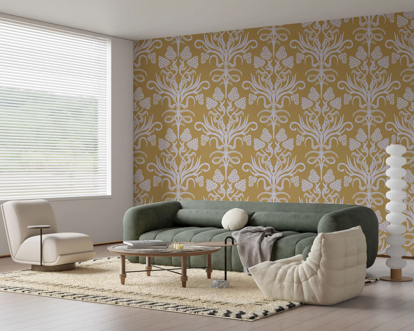 Golden Botanical Damask Motif Wallpaper⁠
