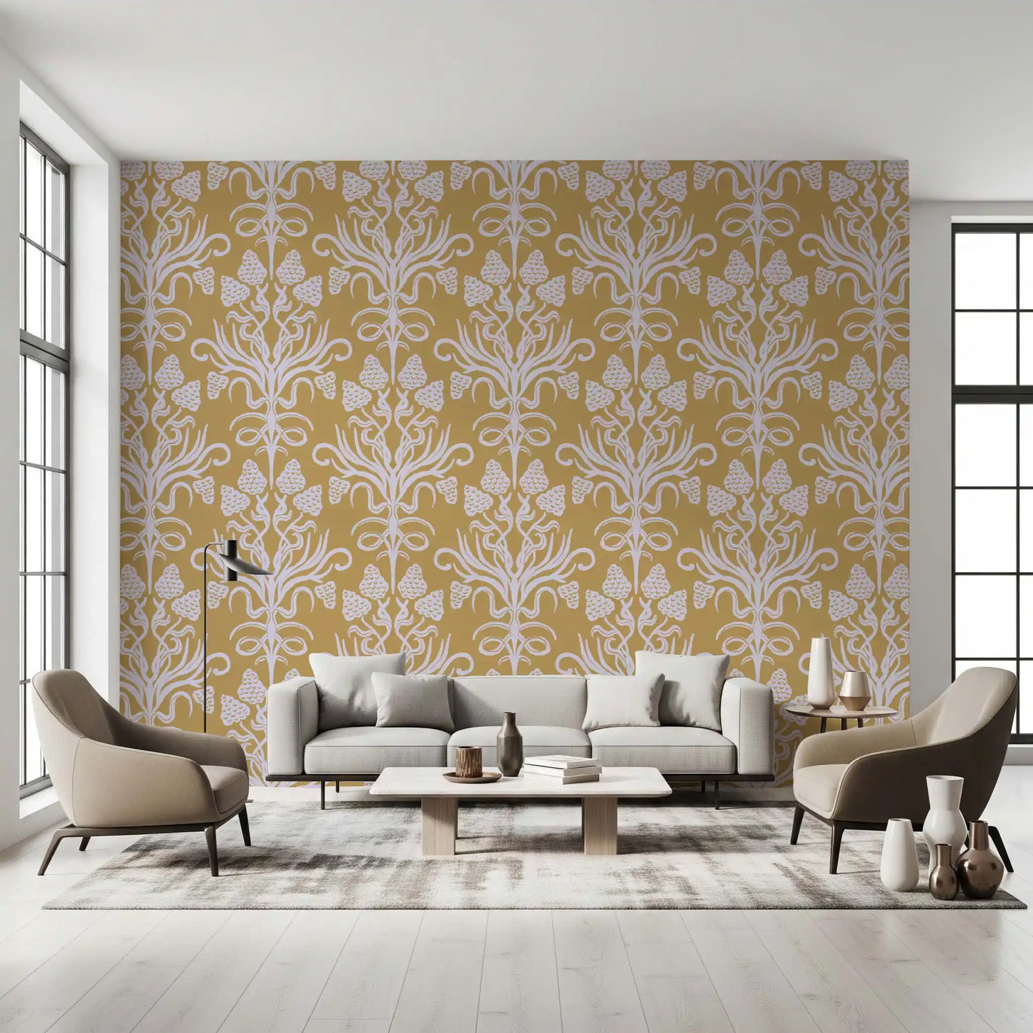 Golden Botanical Damask Motif Wallpaper⁠