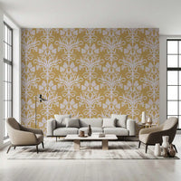 Golden Botanical Damask Motif Wallpaper⁠