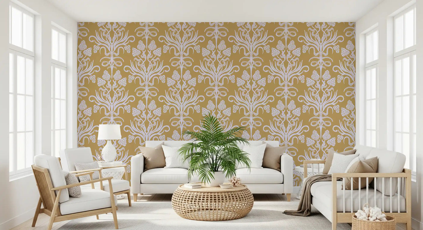Golden Botanical Damask Motif Wallpaper⁠