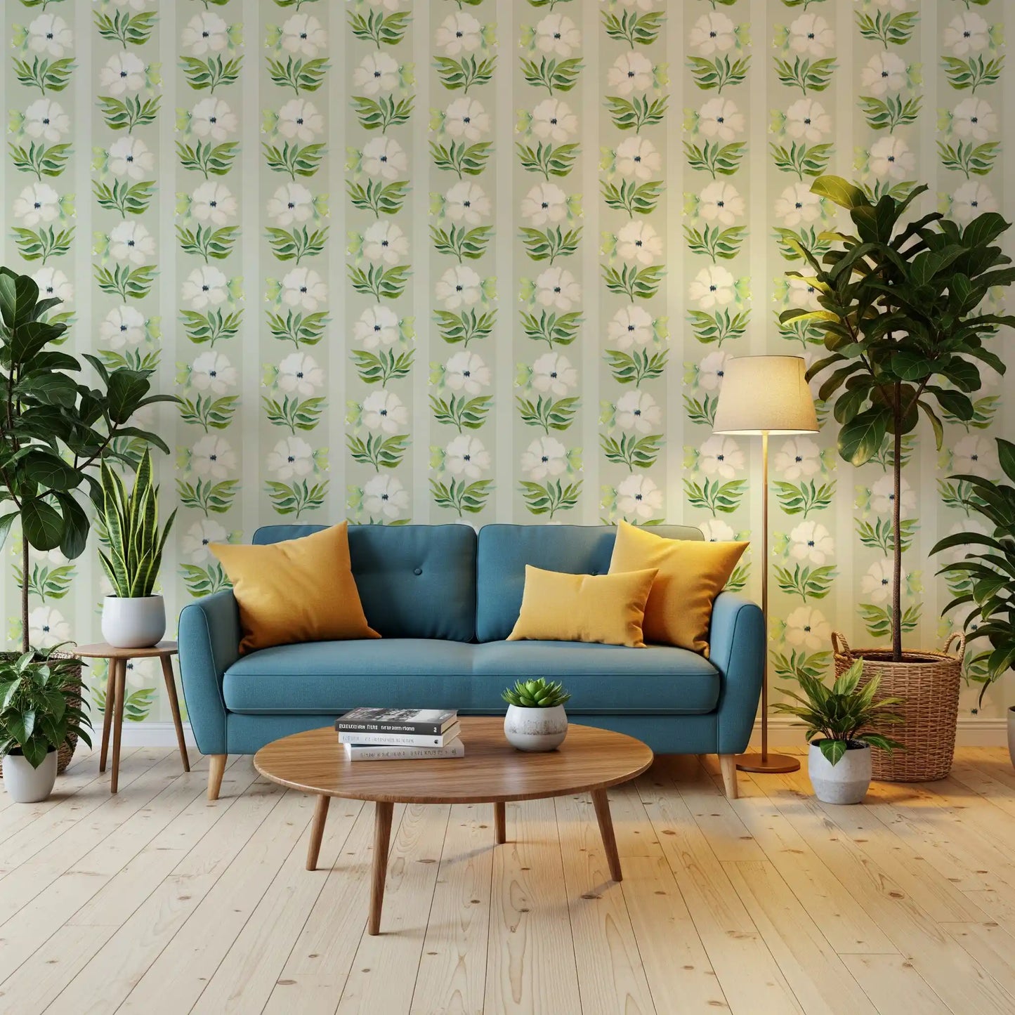 Watercolor Sage Floral Stripe Wallpaper⁠