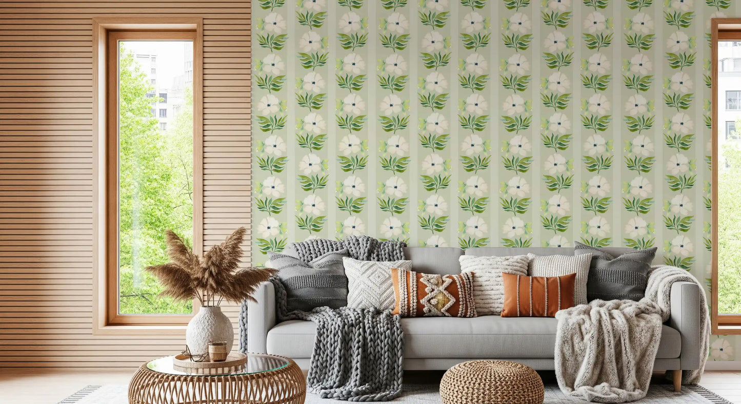 Watercolor Sage Floral Stripe Wallpaper⁠