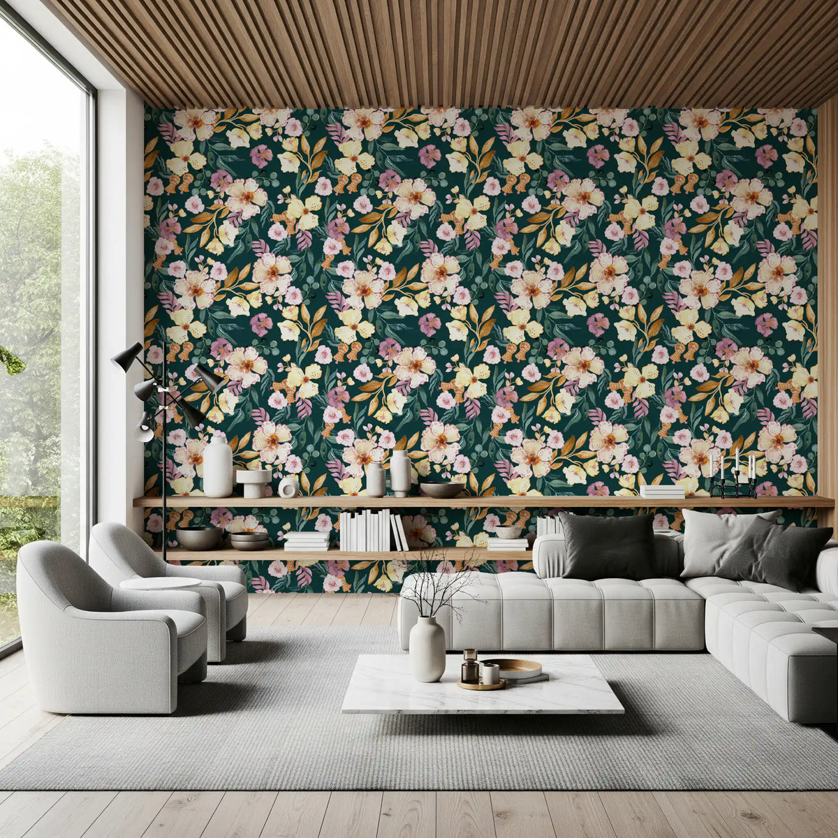 Living room styled with the midnight botanical bloom wallpaper GD11887