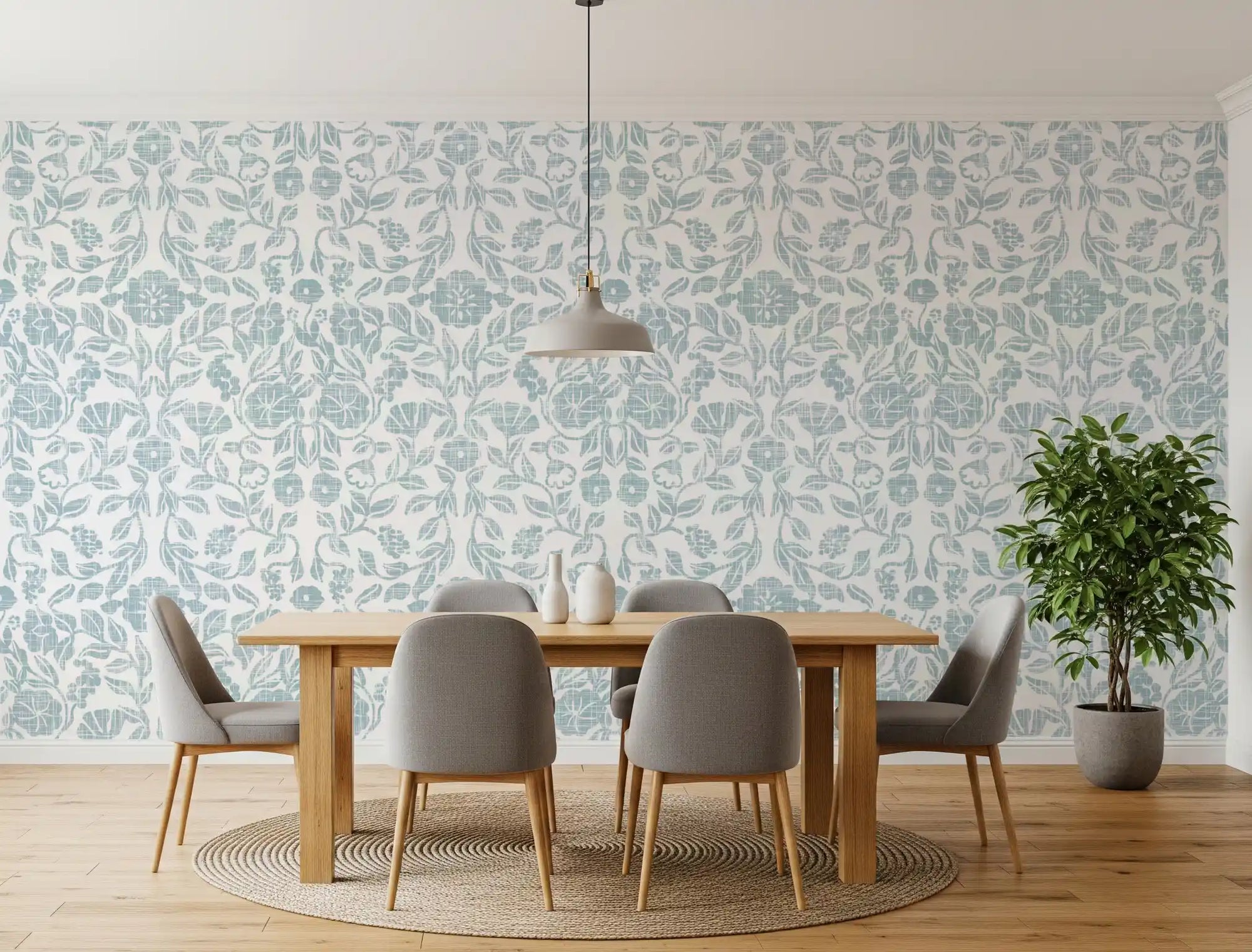 Dining room dressed in textured pastel damask wallpaper GD11889