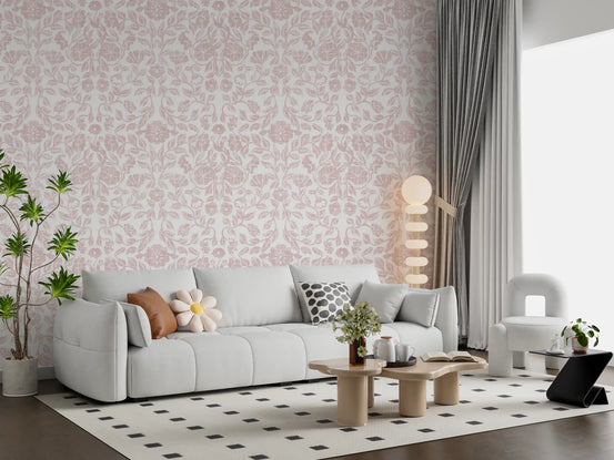 Hallway backdrop in blush textile wallpaper, pale bloom repeat GD11890