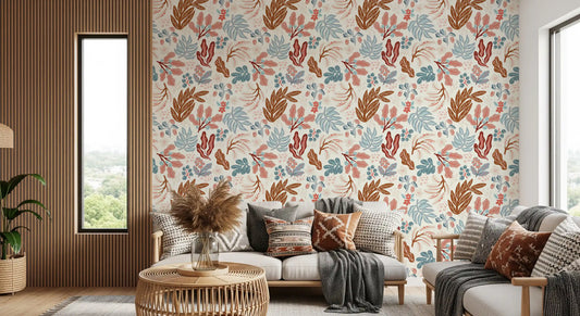 Living room finished in Muted Autumn Botanical Folk wallpaper GD11893